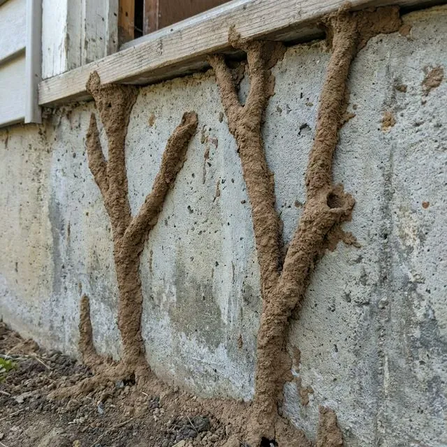 Termite mud tubes running up a concrete foundation to the wood sill