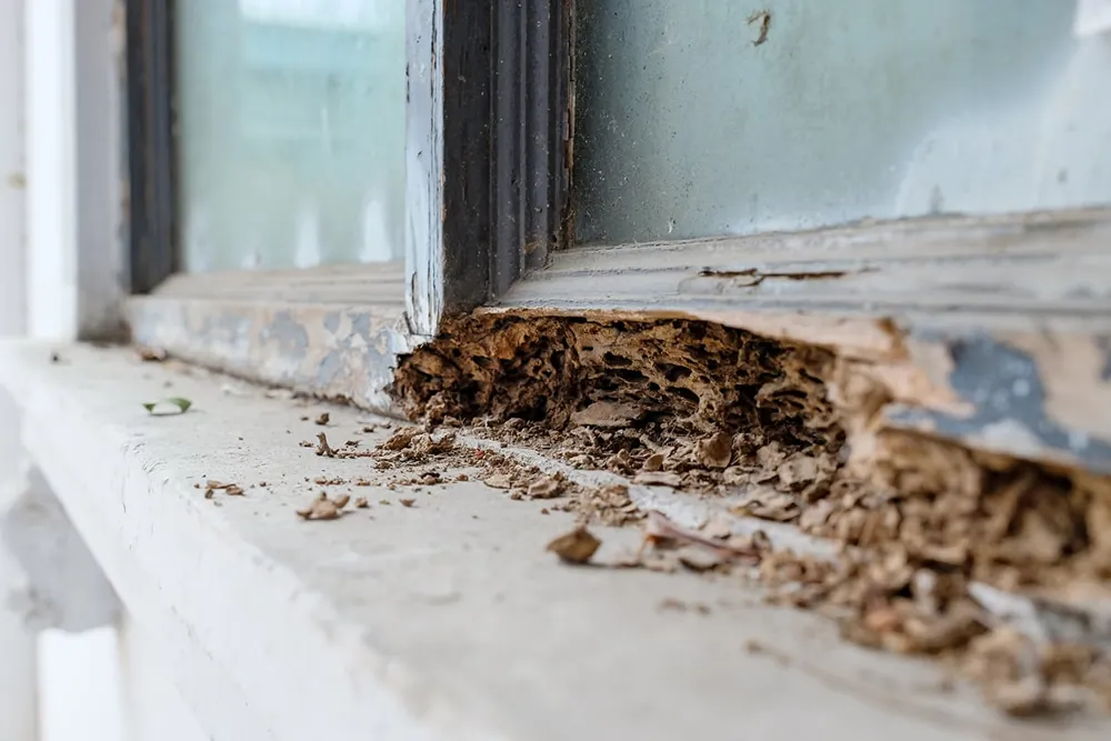 Termite-damaged wood under a window sill, hollowed out and crumbling